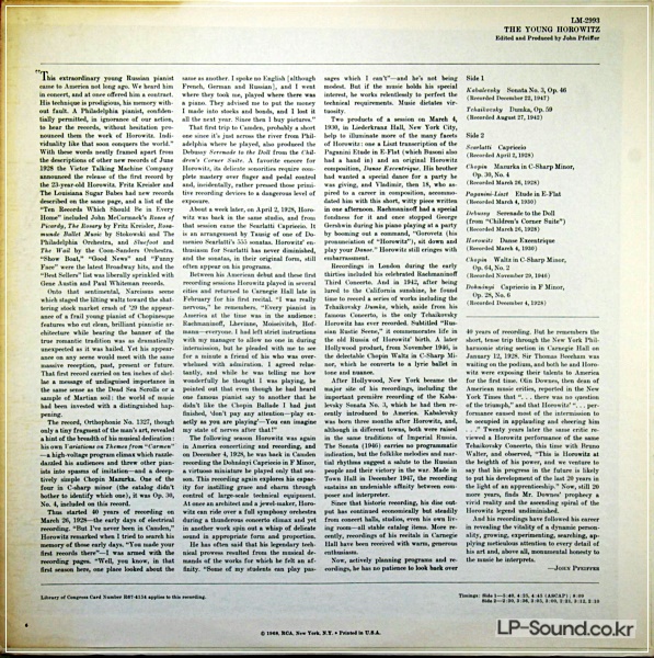 VLADIMIR HOROWITZ LP THE YOUNG SEALED ORIGINAL RCA LM 2993