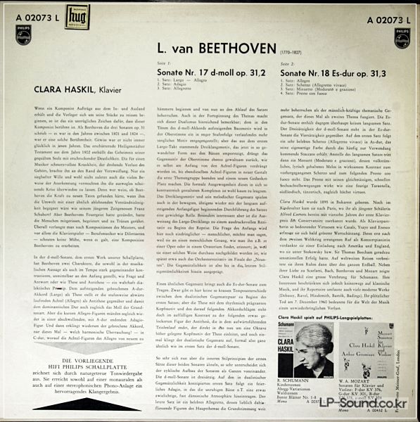 BEETHOVEN SONATA  SCLARA HASKIL PHILIPS A 02072 L