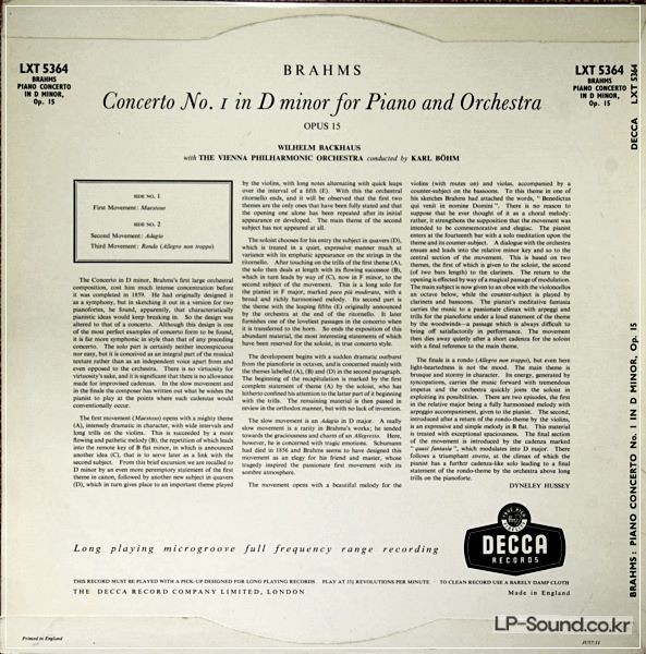 BRAHMS CONCERTO NO. 1 FOR PIANO ORCHESTRA  DECCA LXT 5364
