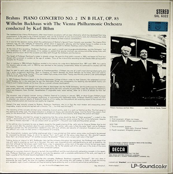 BRAHMS PIANO CONCERTO NO. 2 - WILHELM BACKHAUS SXL 6322