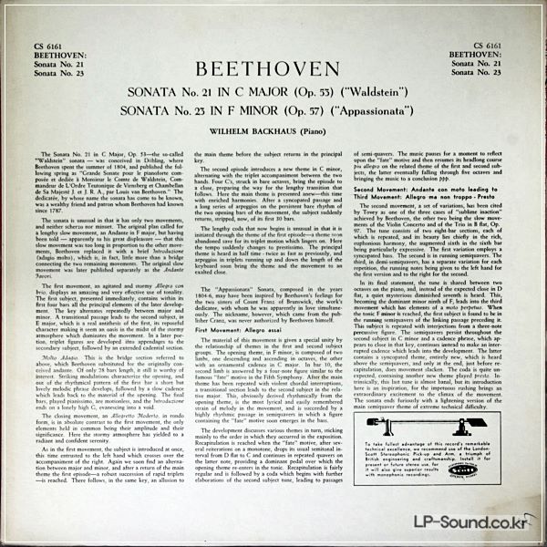 BEETHOVEN PIANO SONATAS, BACKHAUS NO.21.23 CS 6161