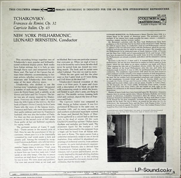 TCHAIKOVSKY CAPRICCIO ITALIEN LEONARD BERNSTEIN COLUMBIA 6-EYE MS 6258