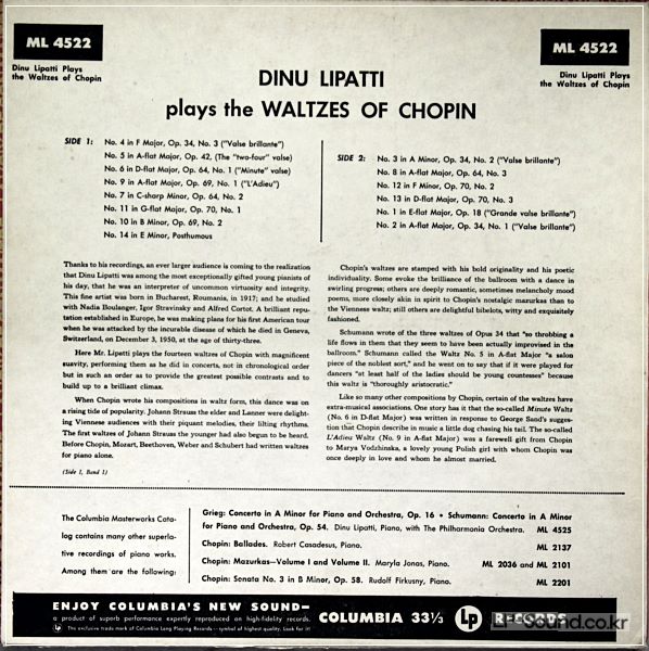 CHOPIN WALTZES BY  DINU LIPATTI PLAYS PIANO ML-4522
