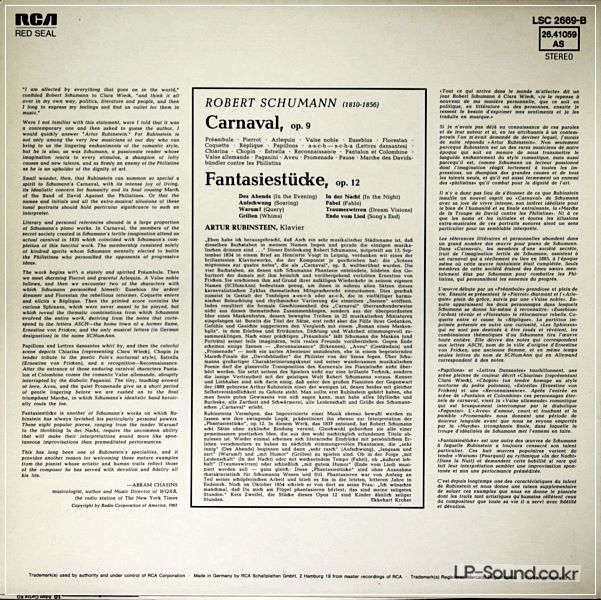 RUBINSTEIN SCHUMANN CARNAVAL, FANTASIESTUCKE - RCA LSC-2669