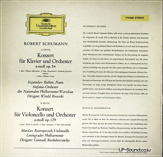 SCHUMANN CELLO .PIANO CONCERTO 179 008 SLPM