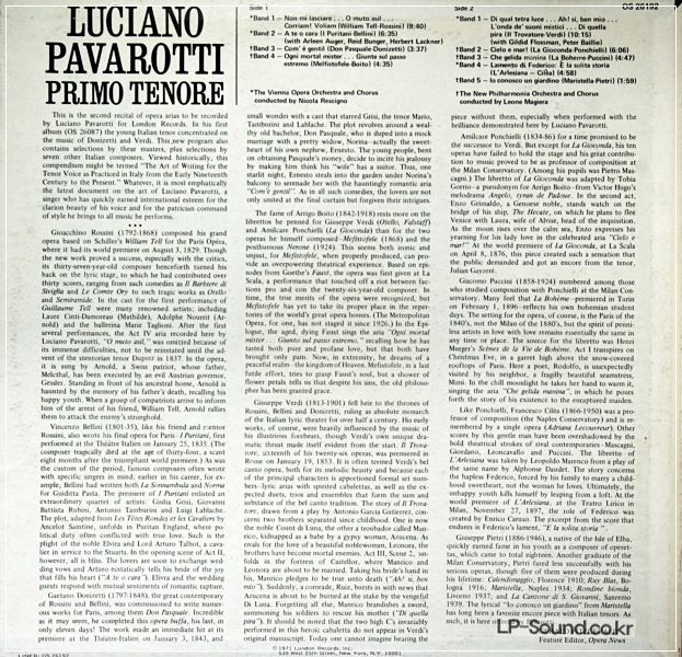 LUCIANO PAVAROTTI PRIMO TENORE LP 1971 LONDON FFRR RECORDS OS 26192