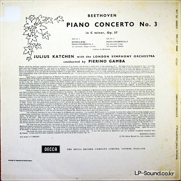 BEETHOVEN: PIANO CONCERTO NO. 3 KATCHEN / LSO / GAMBA SXL 2106