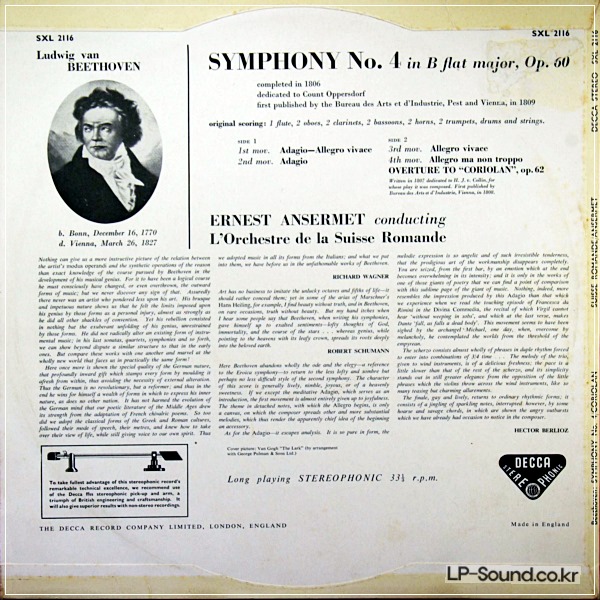 BEETHOVEN: SYMPHONY NO. 4 - ANSERMET **DECCA SXL 2116 WBG ED1