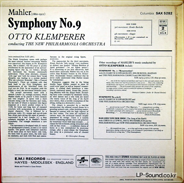 MAHLER NO.9  .KLEMPERER  SAX 5281 5282 2LP 1ST  NOT FOR SALE