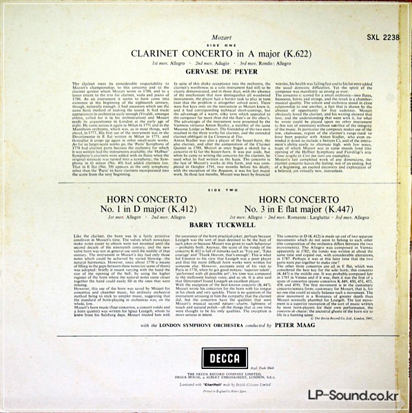 MOZART CLARINET & HORN CONCERTOS PEYER - MAAG - DECCA SXL 2238