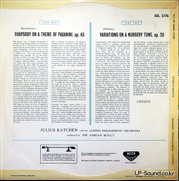 RACHMANINOV - PAGANINI RHAPSODY ETC. / JULIUS KATCHEN  SXL 2176