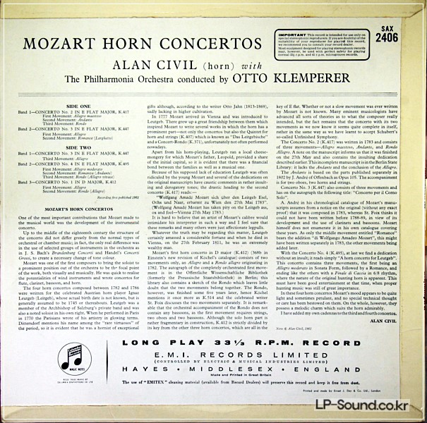 MOZART HONRN CONCERTOS -KLEMPERER ALAN CIVIL  SAX 2406
