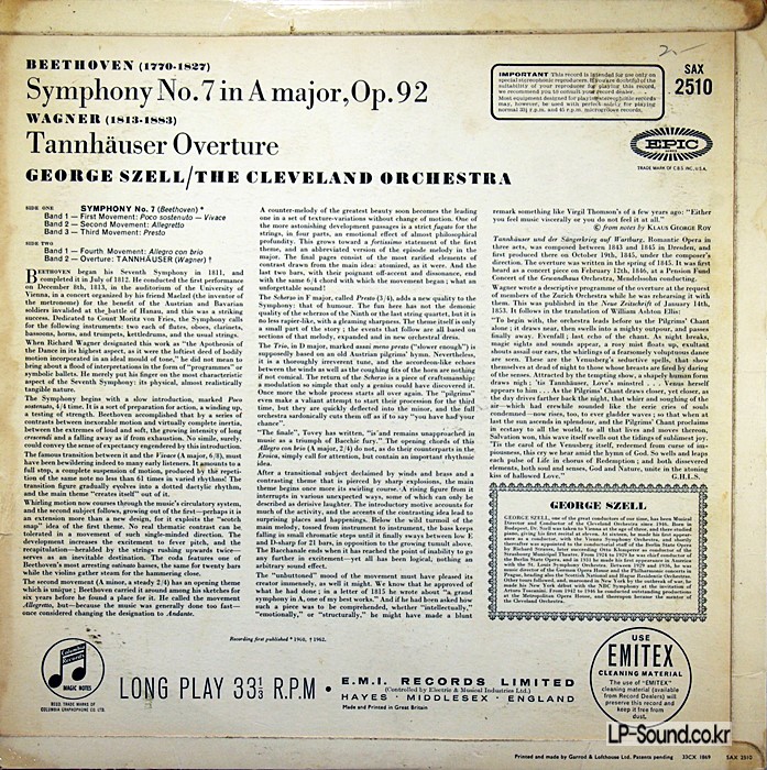 BEETHOVEN SYMPHONY NO.7 & WAGNER TANNHAUSER  GEORGE SZELL  SAX 2510