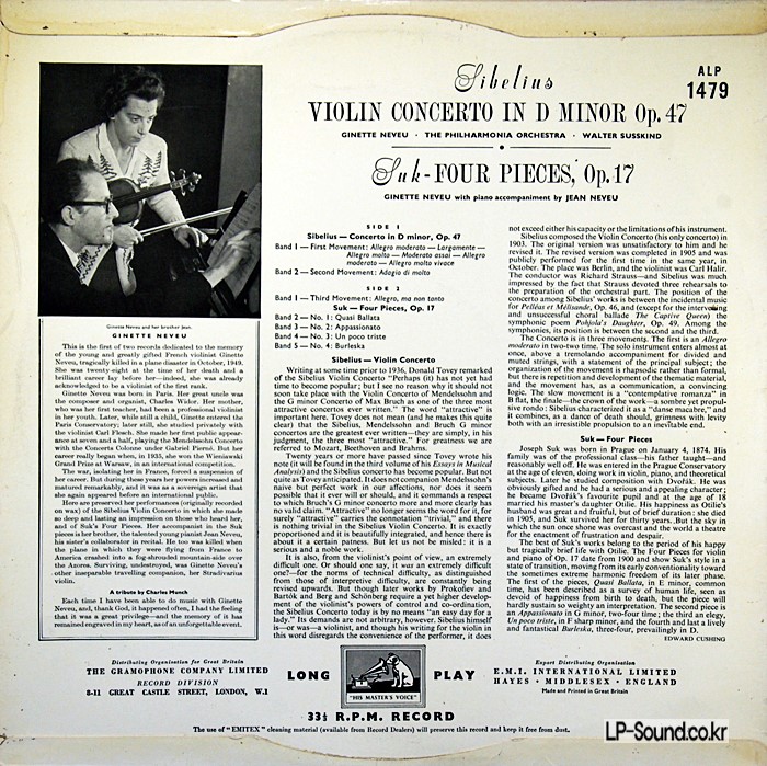 SIBELIUS - VIOLIN CONCERTO, SUK - FOUR PIECES / GINETTE NEVEU ALP 1479