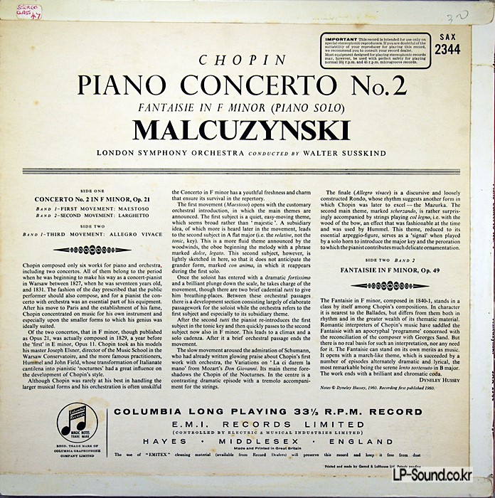 CHOPIN CONCERTO NO 2 MALCUZYNSKI SUSSKIND  SAX 2344