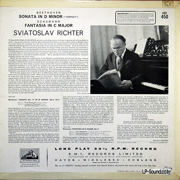 BEETHOVEN SONATA NO. 17 SCHUMANN FANTASIA LP HMV ASD 450