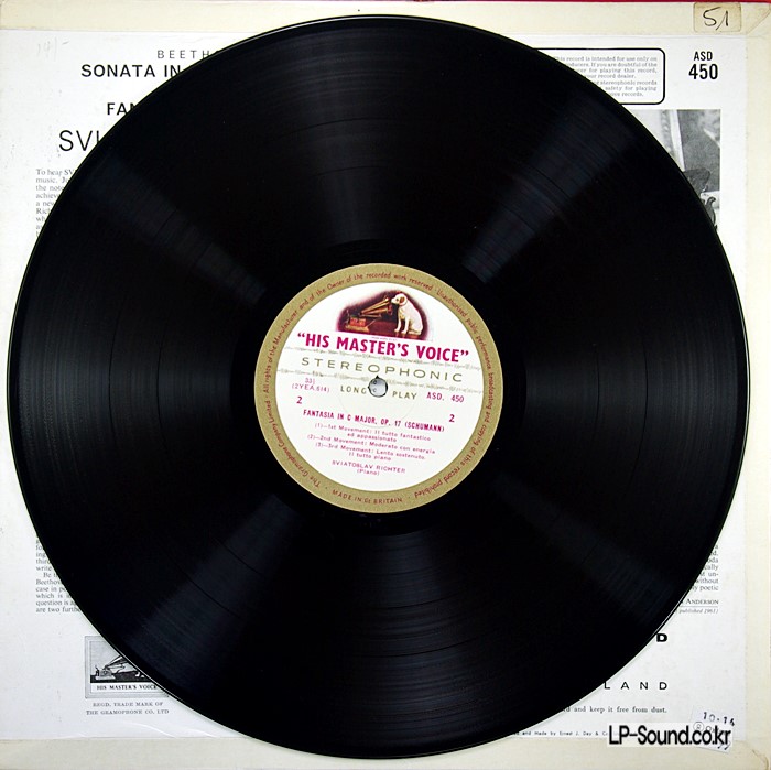 BEETHOVEN SONATA NO. 17 SCHUMANN FANTASIA LP HMV ASD 450