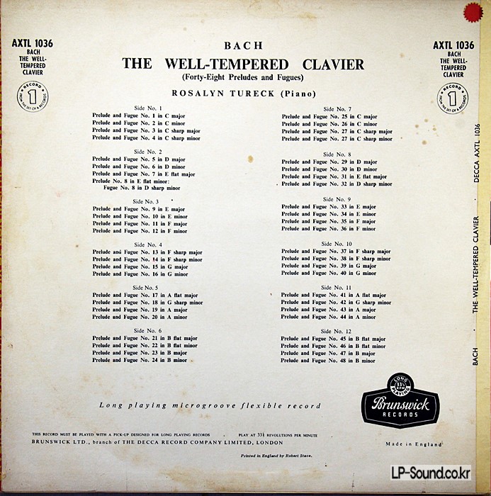 BACH: THE WELL TEMPERED CLAVIER ROSALYN TURECK BRUNSWICK AXTL 1036/41 1ST 6LP