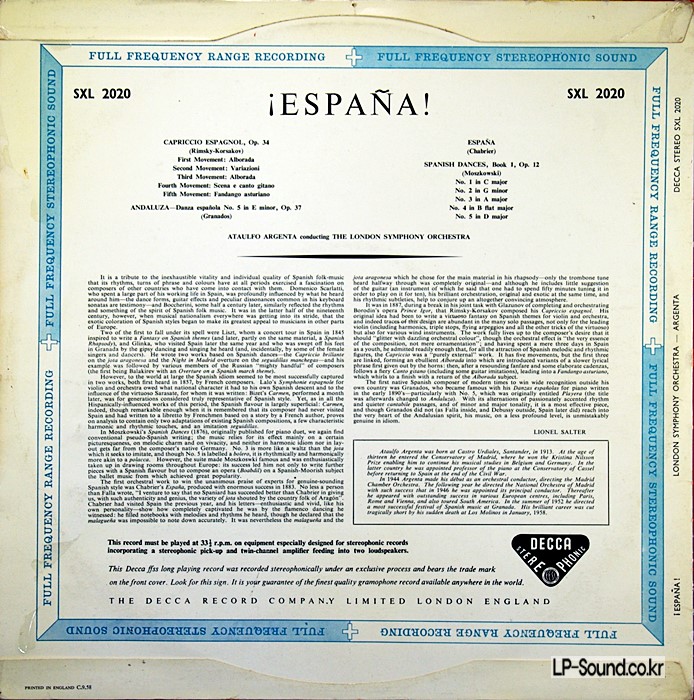 ESPANA - ATAULFO ARGENTA 1959 UK ED1WBG  DECCA SXL 2020