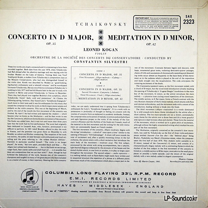 TCHAIKOVSKY VIOLIN CONCERTO LEONID KOGAN SILVESTRICOLUMBIA SAX 2323 ED1 T/S