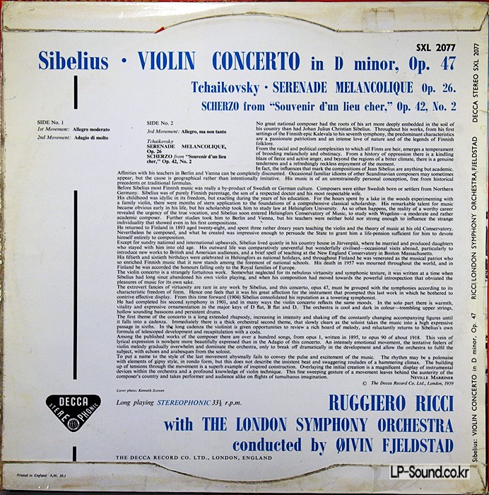 SIBELIUS VIOLIN CONCERTO RUGGIERO RICCI   SXL 2077 B/B