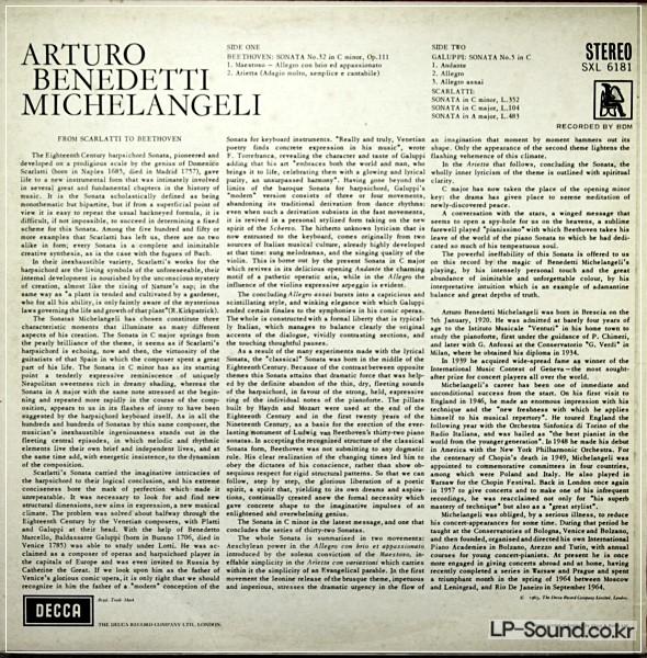 ARTURO BENEDETTI MICHELANGELI PIANO DECCA  SXL 6181