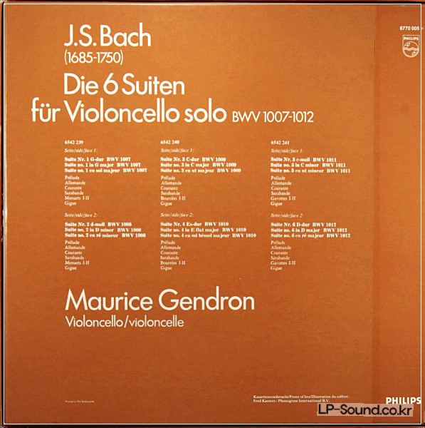 BACH LES SUITES POUR CELLEO  SUITEN  MAURICE GENDRON PHILIPS 6770 005
