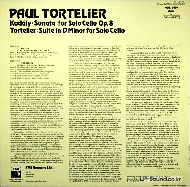 KODALY: SONATA FOR SOLO CELLO / TORTELIER: SUITE IN D TORTELIER ASD 3458