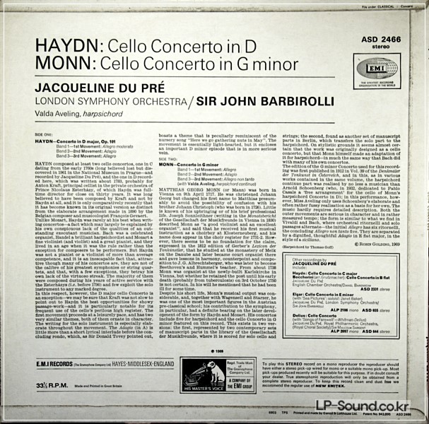 HAYDN MONN CELLO CONCERTO  JACQUELINE DU PRE   ASD 2466