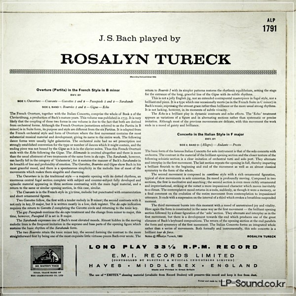 MUSIC BY J. S. BACH - ROSALYN TURECK ALP 1791