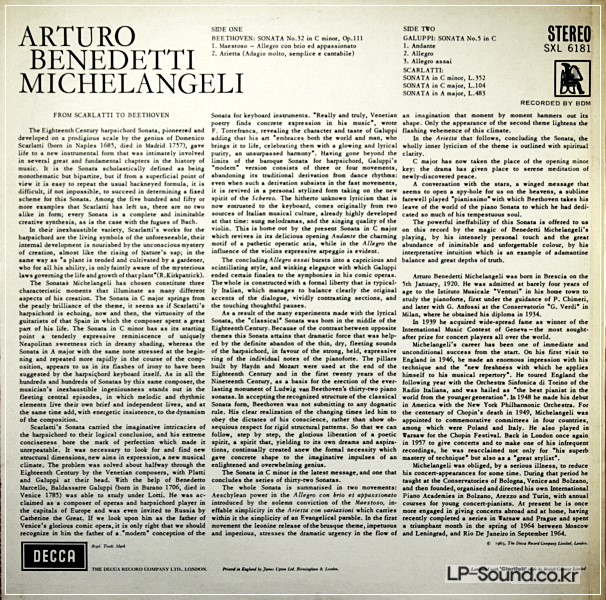 ARTURO BENEDETTI MICHELANGELI PIANO DECCA WBG SXL 6181