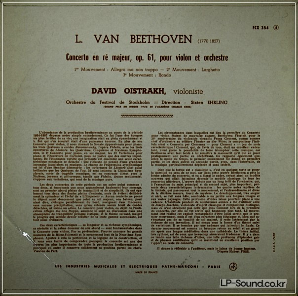 BEETHOVEN CONCERTO POUR VIOLON DAVID OISTRAKH FRANCE COLUMBIA FCX 354
