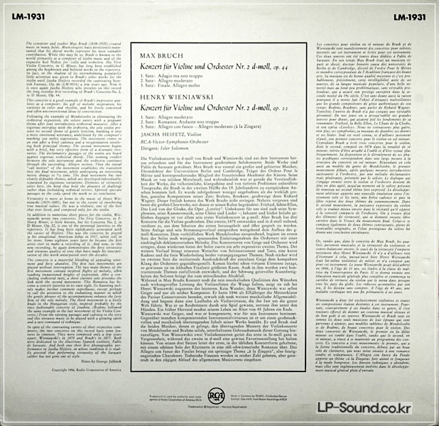 BRUCH / WIENIAWSKI VIOLIN CONCERTOS / HEIFETZ / SOLOMON LM 1931