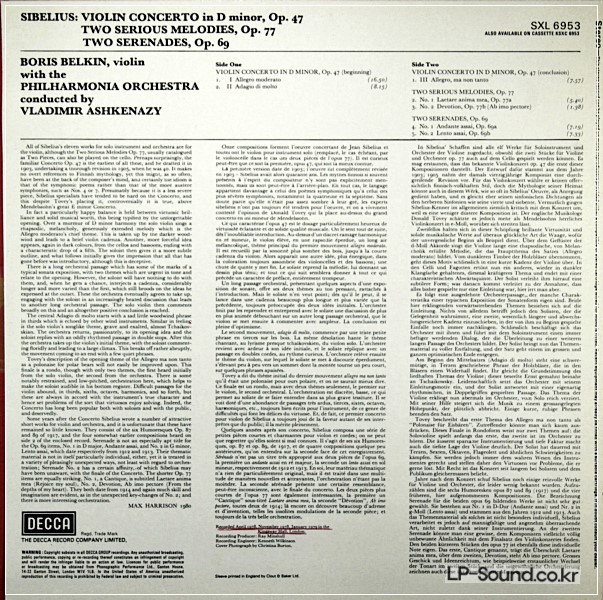 SIBELIUS VIOLIN CONCERTO  BORIS BELKIN  SXL 6953