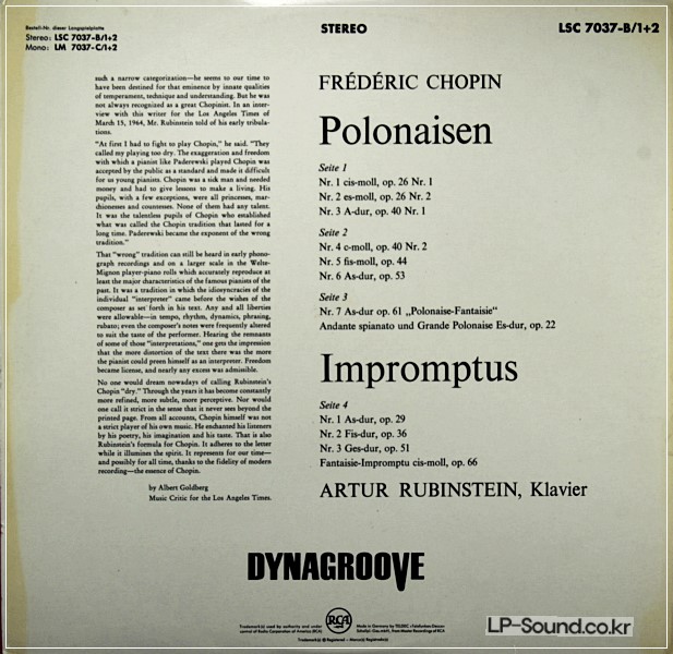 CHOPIN – 8 POLONAISES, 4 IMPROMPTUS RUBINSTEINRCA – LSC-7037 2LP