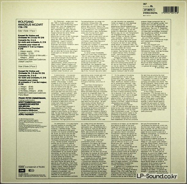 FRANK PETER ZIMMERMANN, FAERBER MOZART VIOLIN CONCERTOS EL 27 0075 1