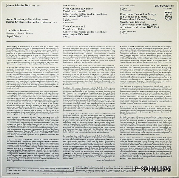 BACH 3 VIOLIN CONCERTOS GRUMIAUX KREBBERS PHILIPS 9500 614