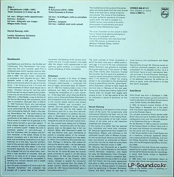 MENDELSSOHN SCHUMANN VIOLIN CONCERTOS HENRYK SZERYNG PHILIPS LP 838417 LY