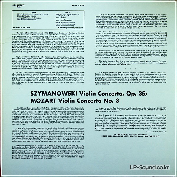 OISTRAKH SZYMANOWSKI NO. 1 / MOZART NO. 3 US 1960 HARD CARD COVER ALP-156