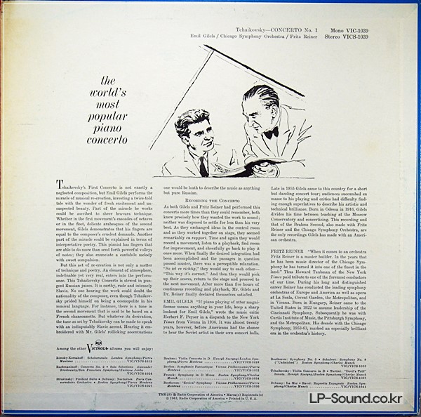 TCHAIKOVSKY PIANO CONCERTO NO 1 EMIL GILELS CHICAGO SYM ORCH REINER