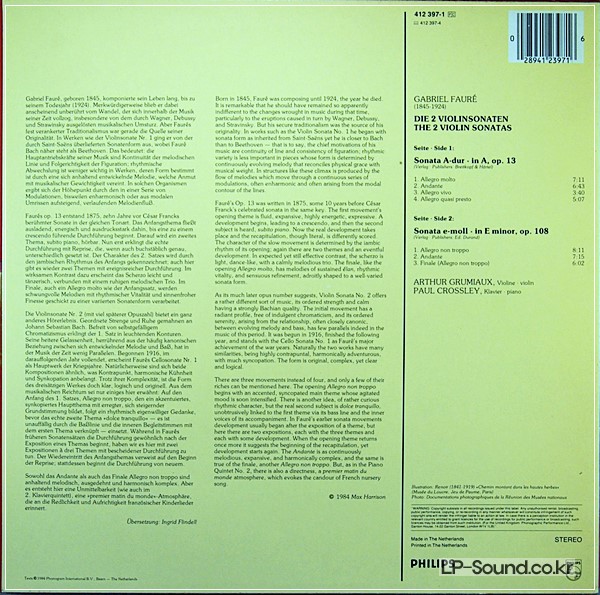 FAURE THE 2 VIOLIN SONATAS ARTHUR GRUMIAUX PHILIPS 412 397-1