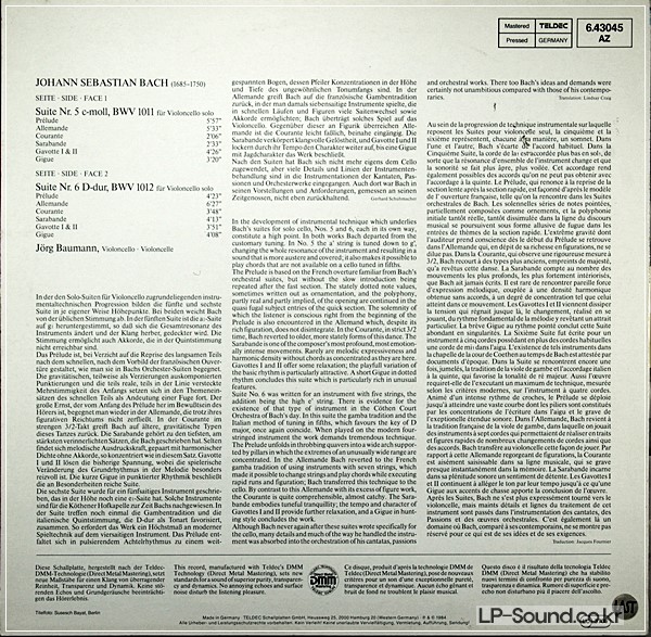 BAUMANN BACH SUITES FOR CELLO SOLO 5 & 6 TELDEC DIGITAL DMM 6.43045