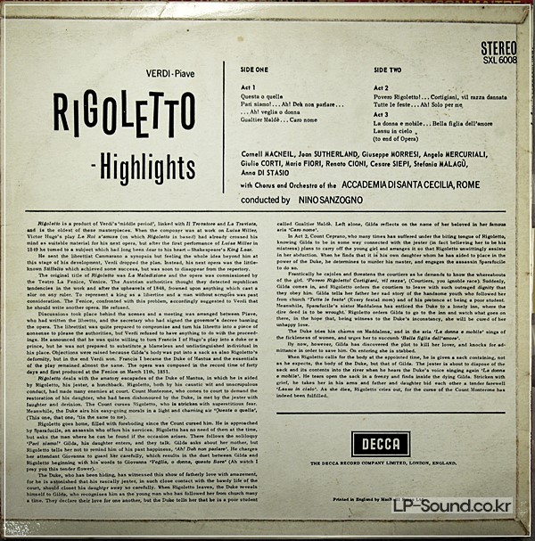 VERDI RIGOLETTO H/LIGHTS LP SUTHERLAND SANZOGNO SXL 6008