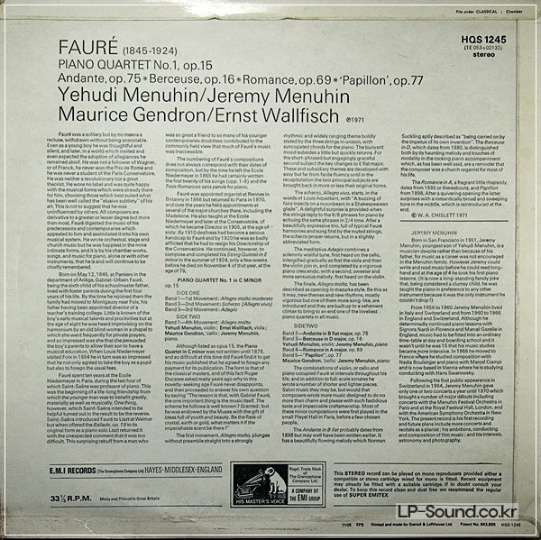 FAURE PIANO QUARTET NO 1 YEHUDI JEREMY MENUHIN 1971 EMI -