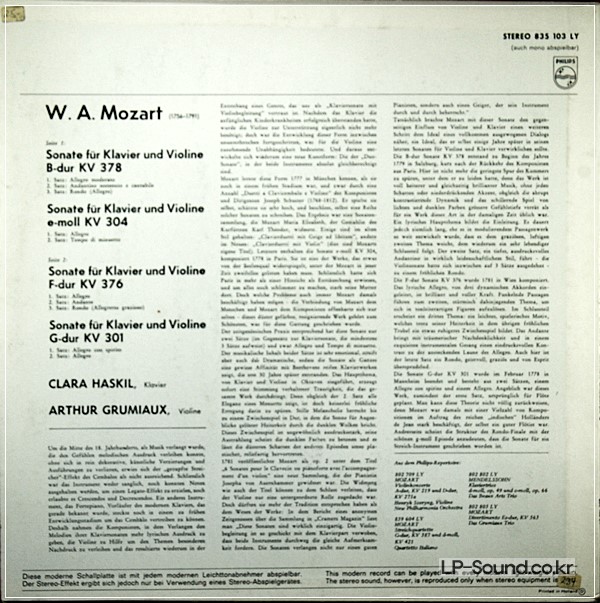 MOZART: SONATAS FOR VIOLIN AND PIANO GRUMIAUX, HASKIL, 835 103