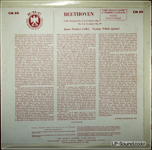 BEETHOVEN CELLO SONATAS JANOS STARKER RMG  CM 60