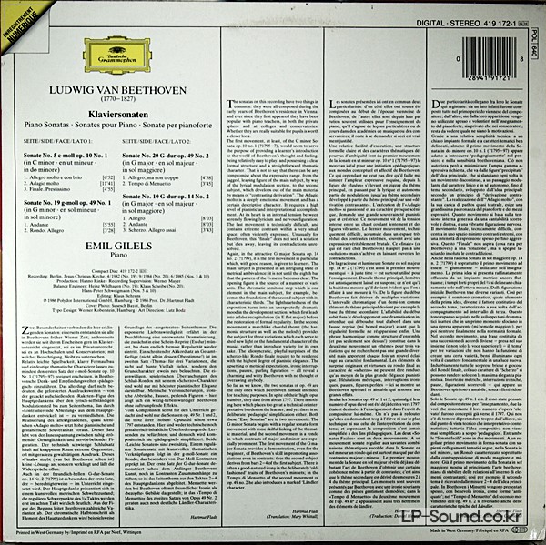 BEETHOVEN: PIANO SONATA NO. 5.10.19.20 - EMIL GILELS DG DIGITAL STEREO