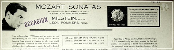 MOZART VIOLIN SONATA MILSTEIN,POMMERS CAPITOL P 8452
