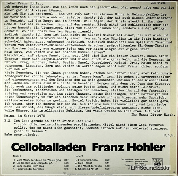 FRANZ HOHLER CELLO BALLADS - CELLOBALLADEN - 1STPRESS 1970 COLUMBIA