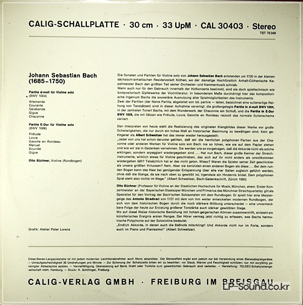 BACH PARITA BWV 1004 & 1006 OTTO BUCHNER VIOLIN SOLO VEGA BOW 1ED CALIG STEREO